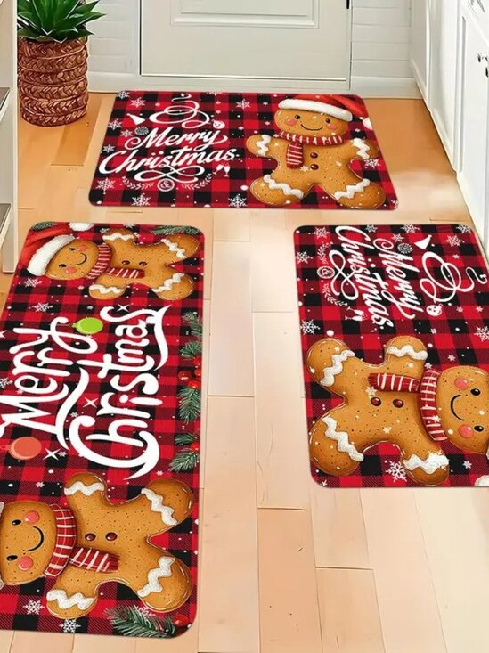 Set of 3 Festive Christmas Holiday Gingerbread Man Pattern Kitchen Mat Decor - Picture 1 of 3
